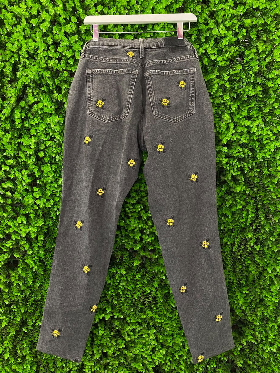 Zara Washed Black Daisy-Embroidered Jeans