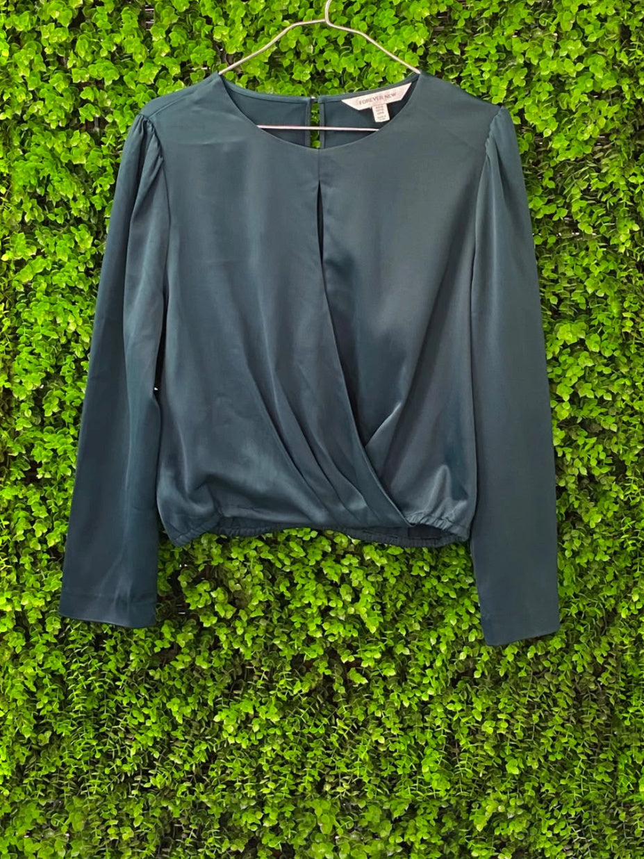 Deep Teal Satin Wrap Blouse