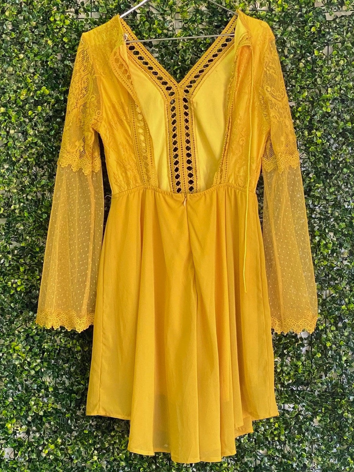 Mustard Yellow Lace Bell Sleeve Mini Dress — back