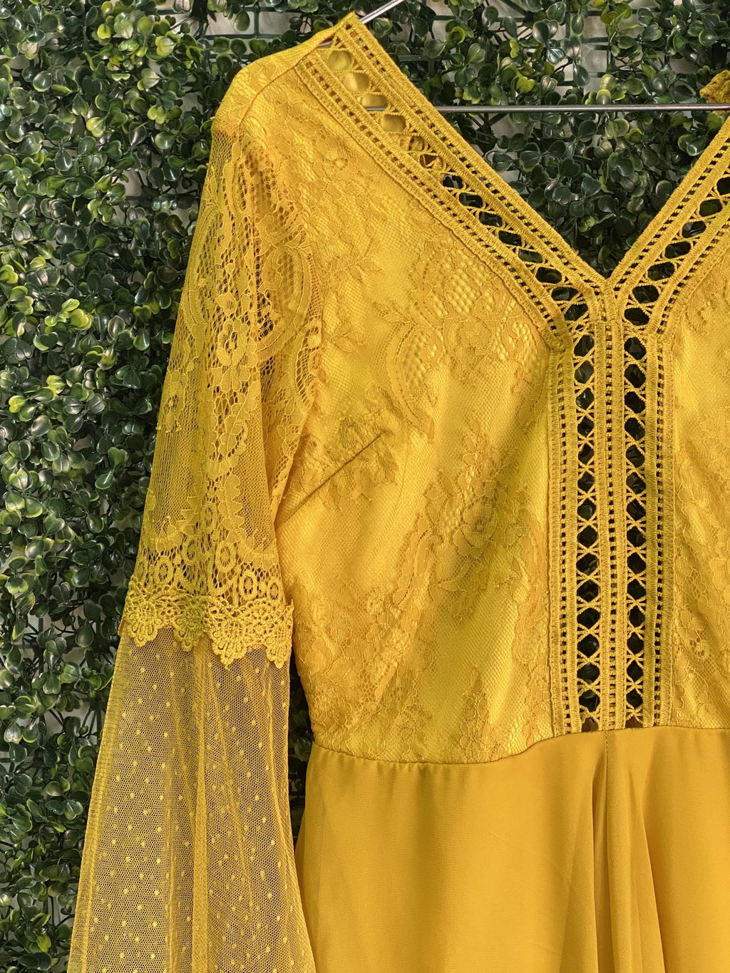 Mustard Yellow Lace Bell Sleeve Mini Dress — detail