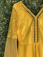Mustard Yellow Lace Bell Sleeve Mini Dress — detail