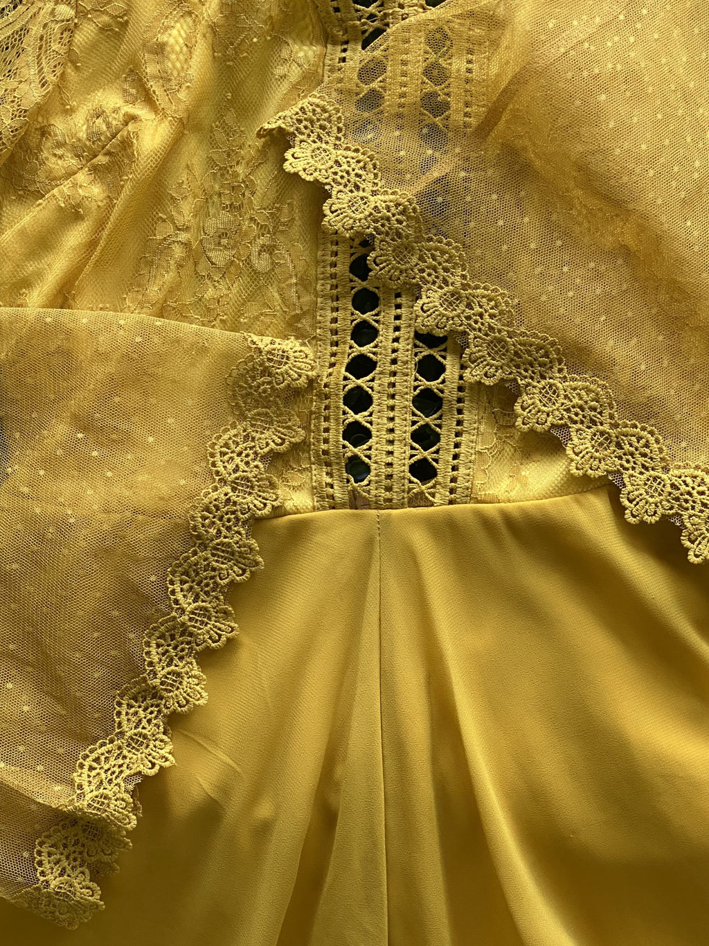 Mustard Yellow Lace Bell Sleeve Mini Dress — detail