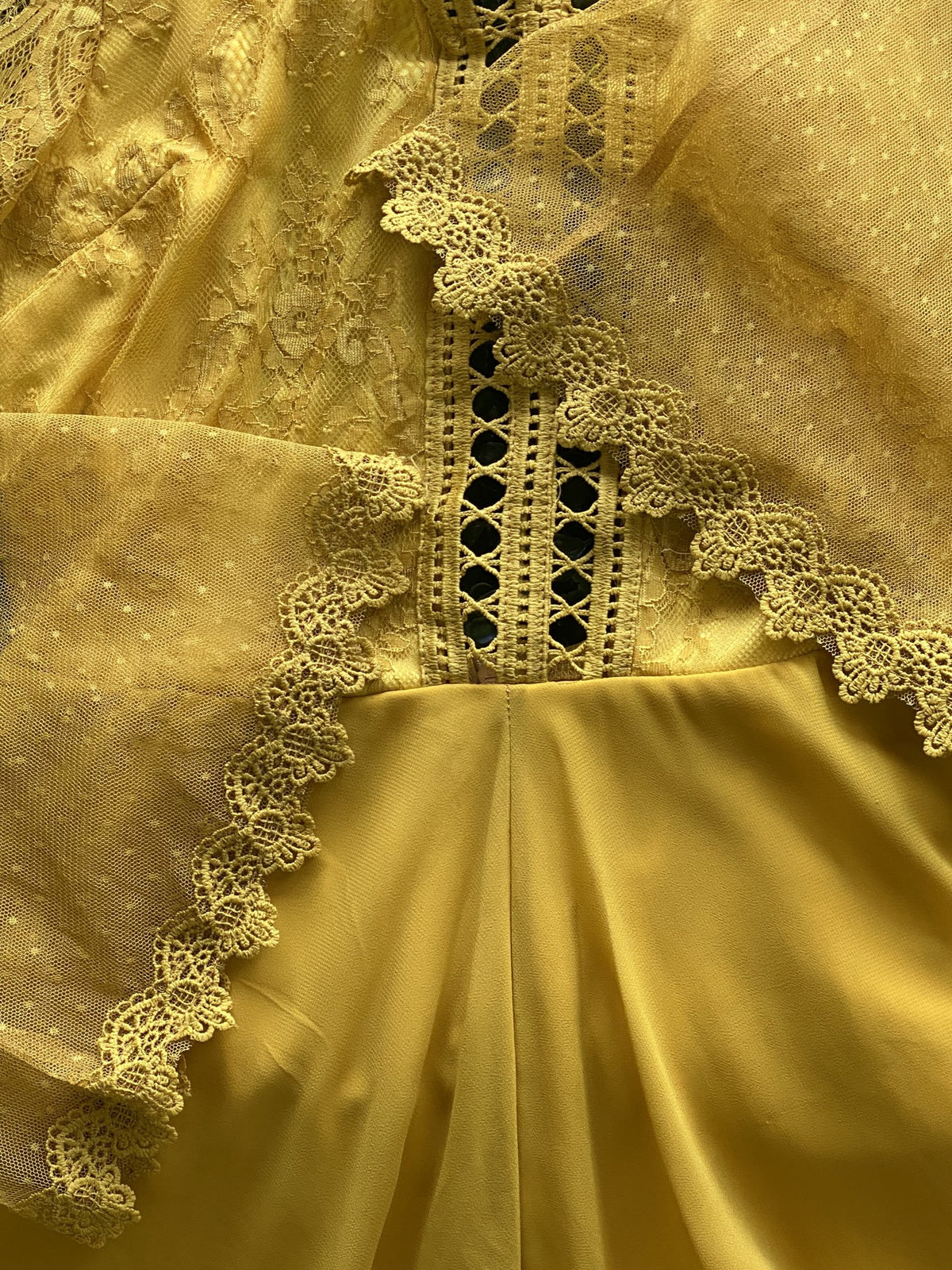 Mustard Yellow Lace Bell Sleeve Mini Dress — detail