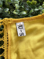 Mustard Yellow Lace Bell Sleeve Mini Dress — detail