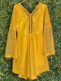 Mustard Yellow Lace Bell Sleeve Mini Dress — front