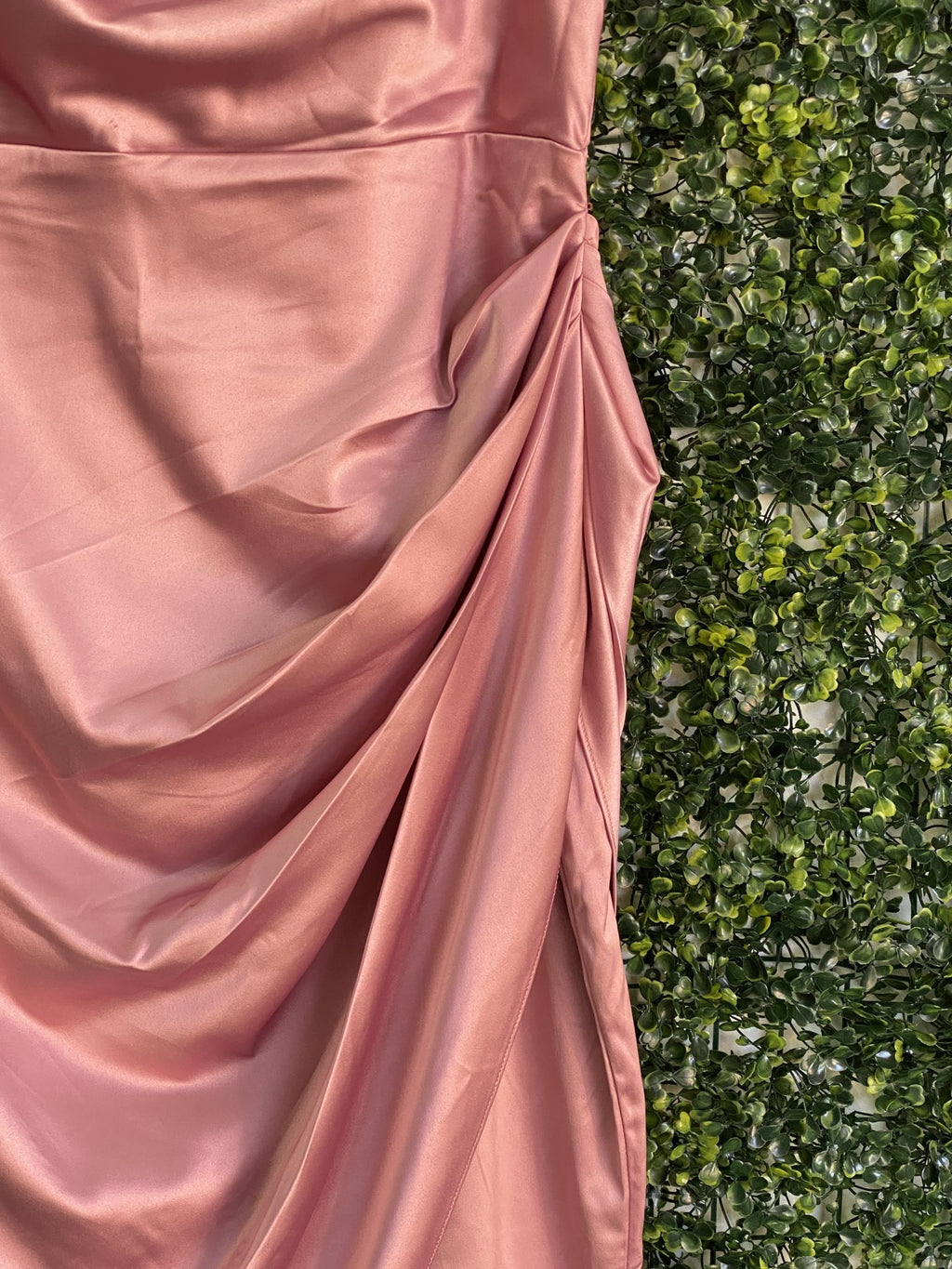 Dusty Rose Ruched Cowl Neck Midi Dress — detail