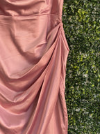Dusty Rose Ruched Cowl Neck Midi Dress — detail