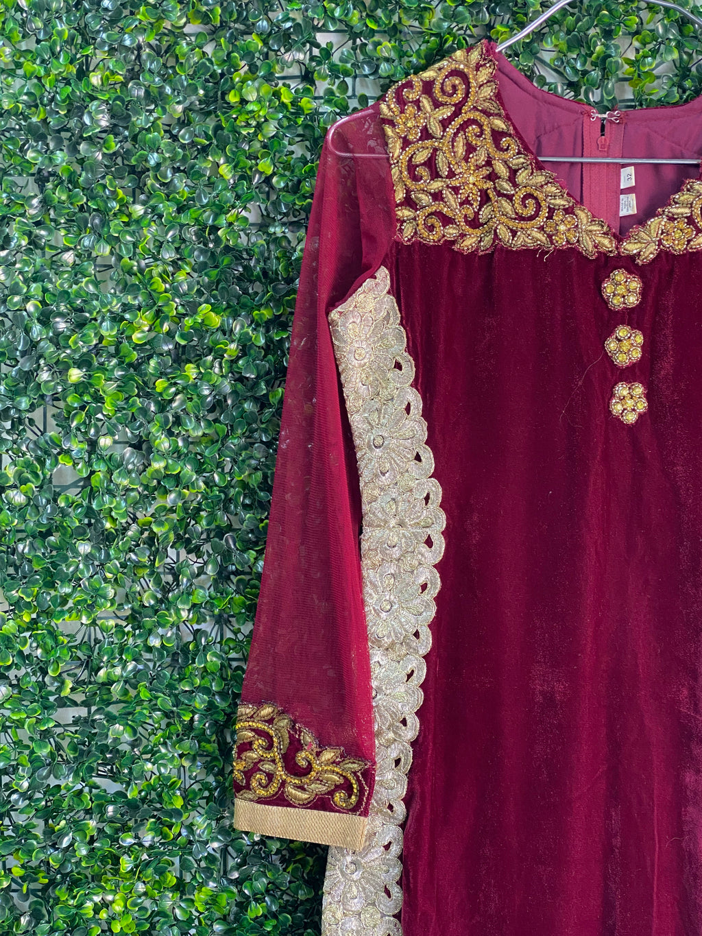 Burgundy Velvet Gold Embellished Tunic Dress — detail
