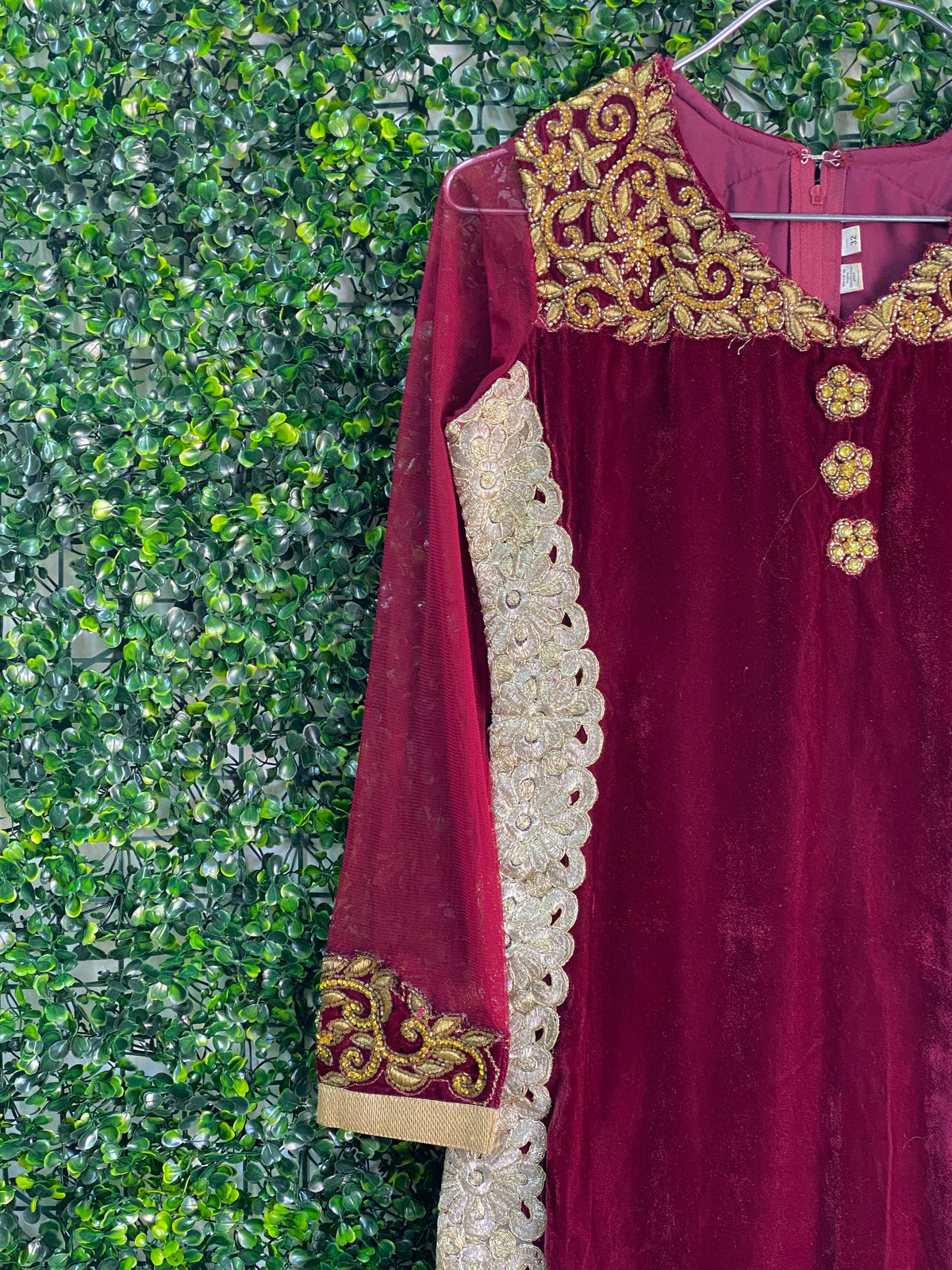 Burgundy Velvet Gold Embellished Tunic Dress — detail