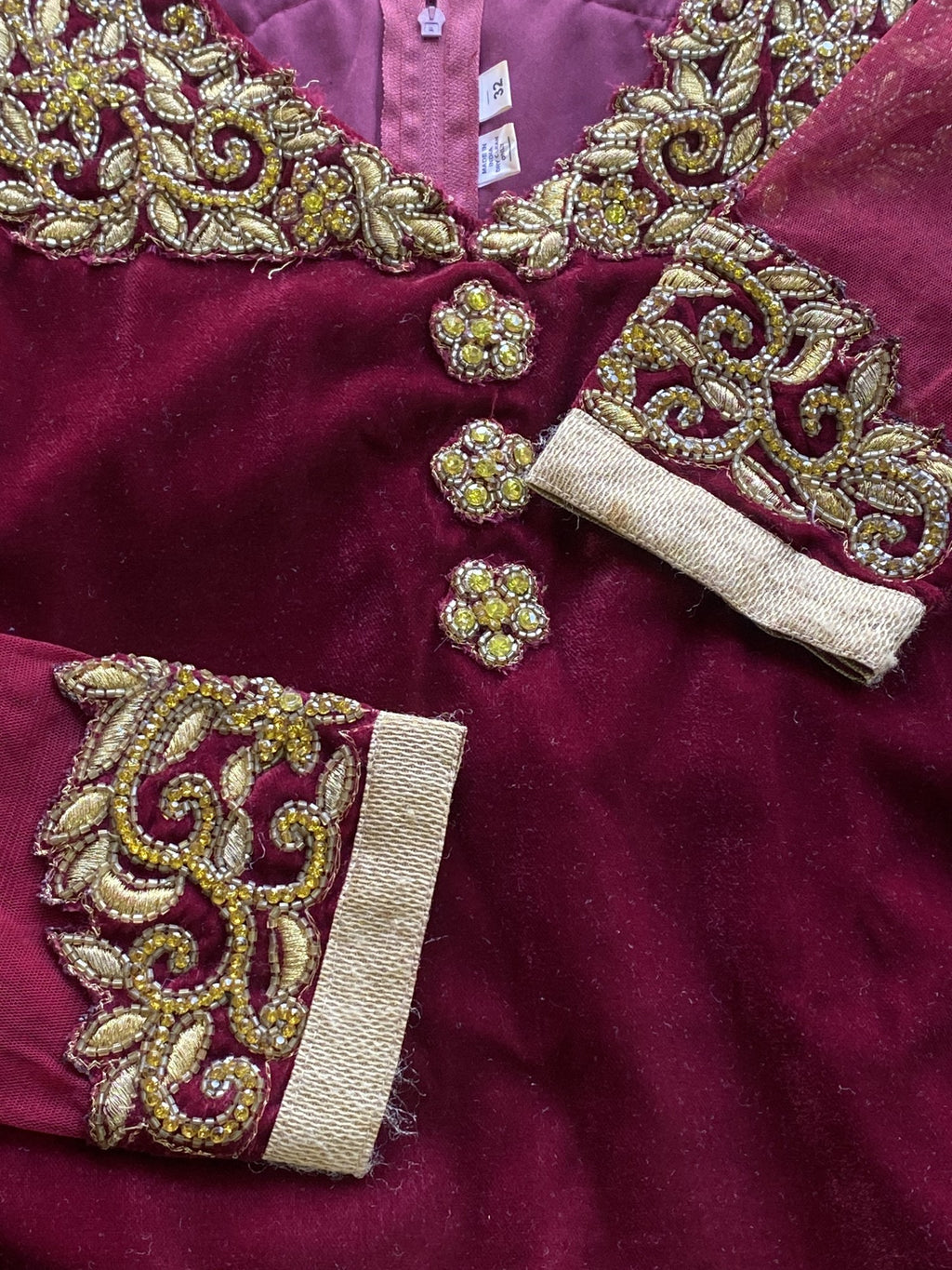 Burgundy Velvet Gold Embellished Tunic Dress — detail