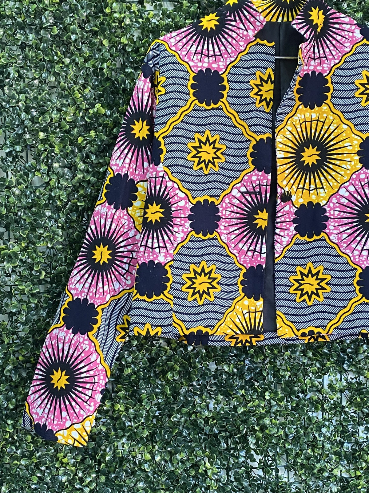 Pink Yellow & Navy African Print Cropped Jacket — detail