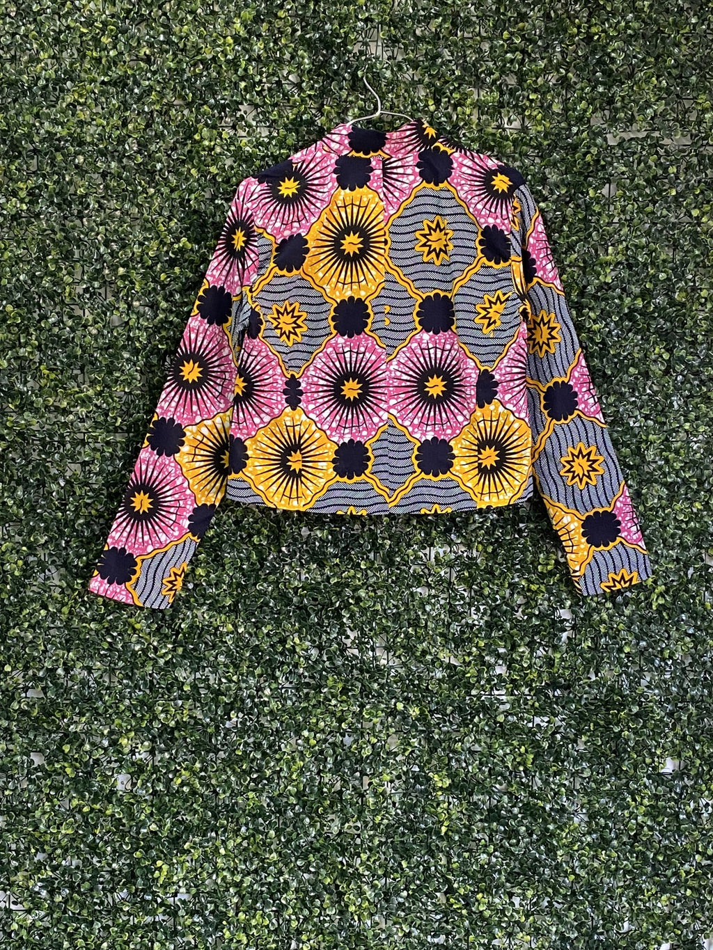 Pink Yellow & Navy African Print Cropped Jacket — detail