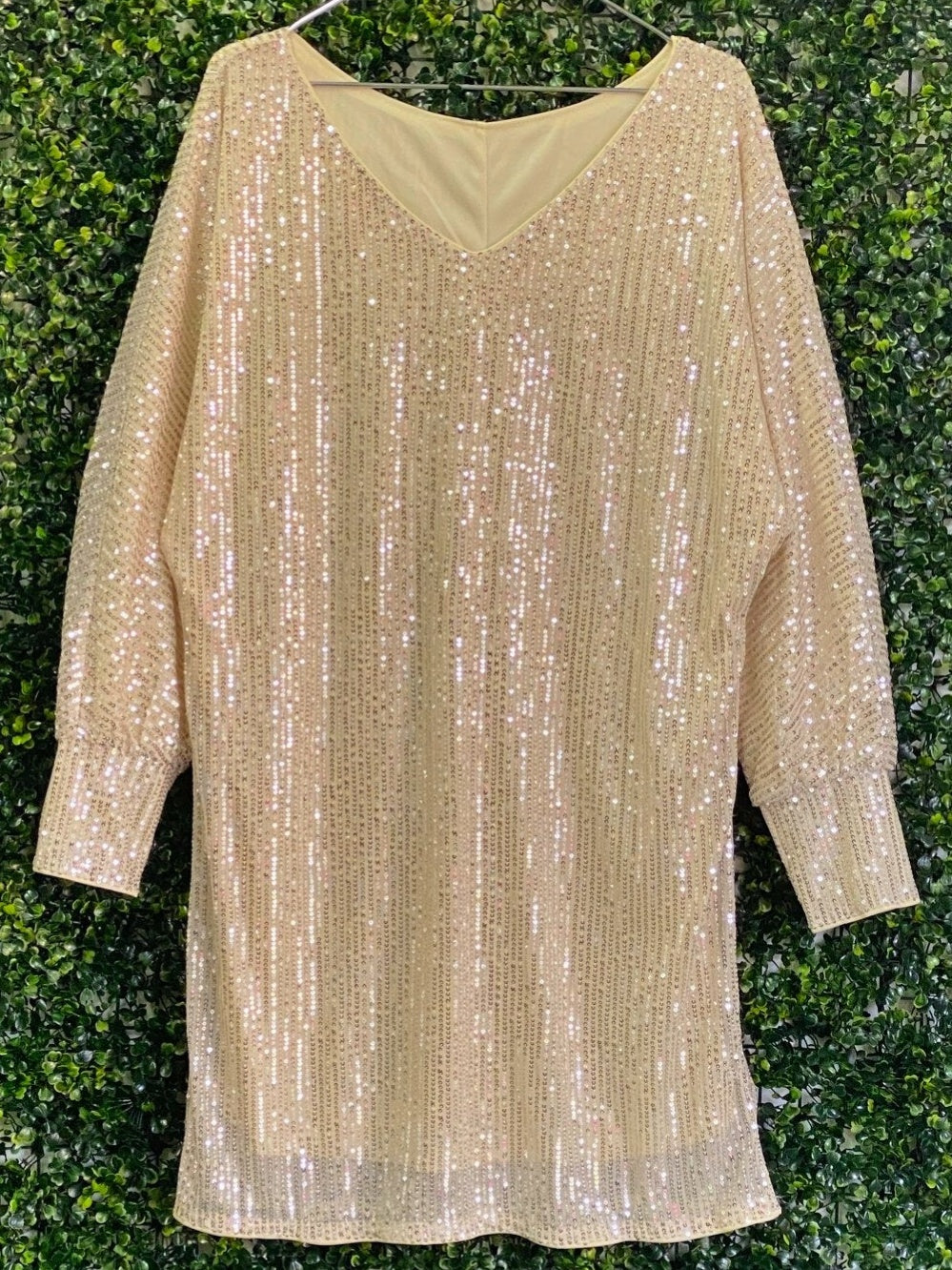 Champagne Sequin Long-Sleeve Mini Dress — front