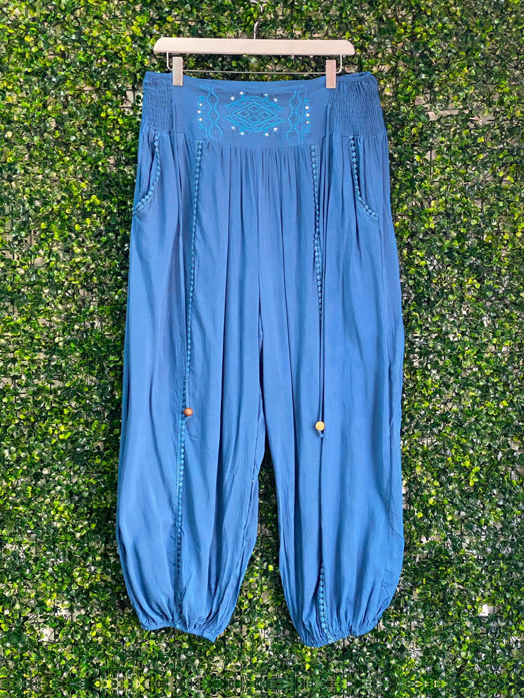 Luna Fashion Blue Embroidered Harem Trousers — front