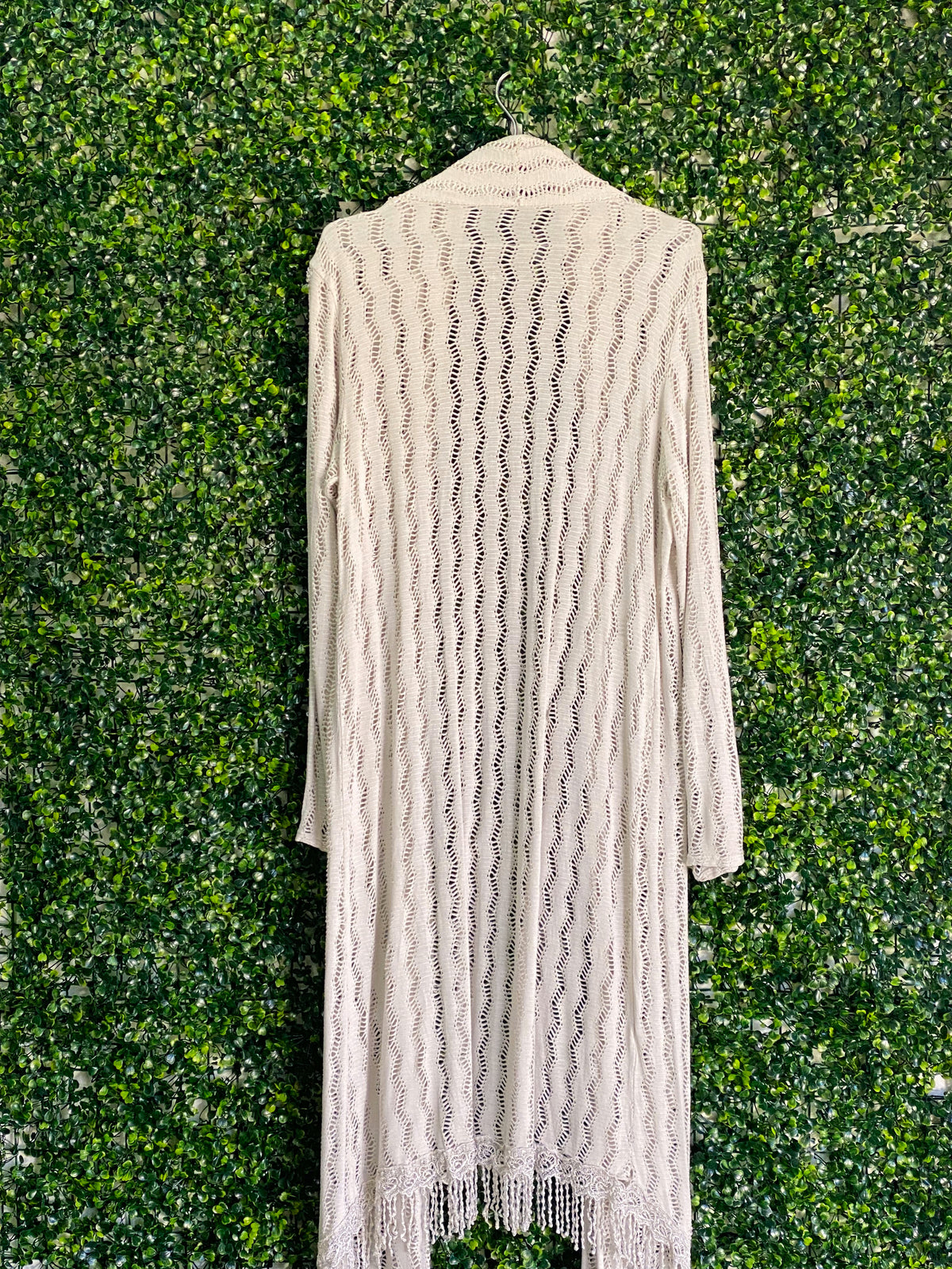 Cream Open-Knit Fringe Longline Cardigan — back