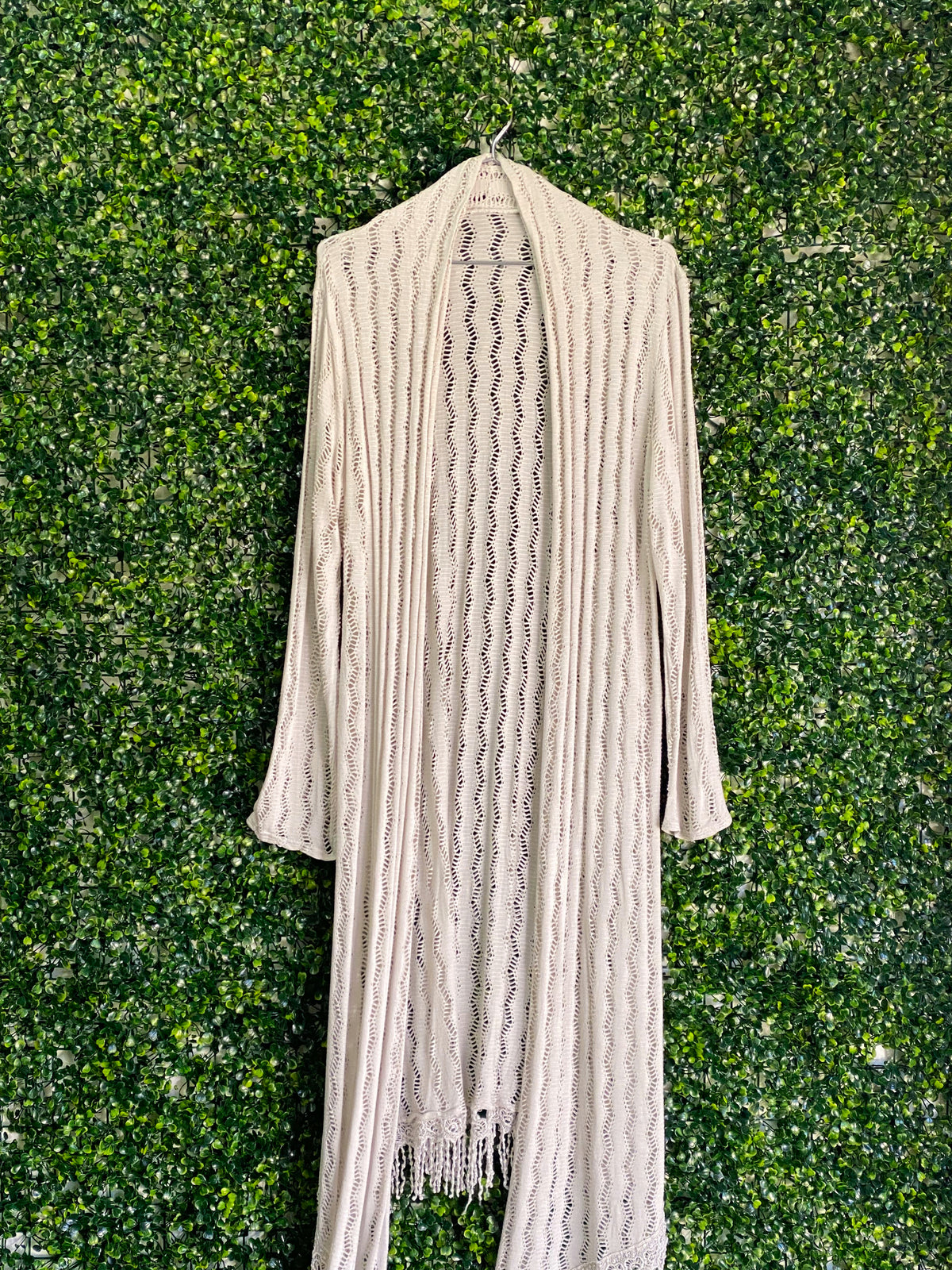 Cream Open-Knit Fringe Longline Cardigan — detail