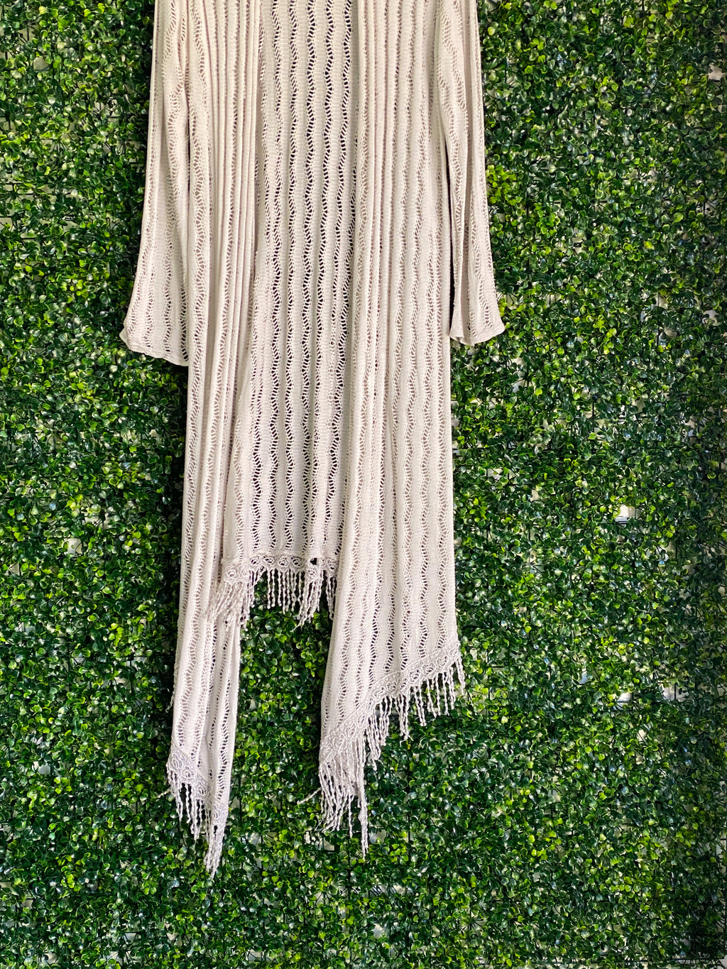 Cream Open-Knit Fringe Longline Cardigan — detail