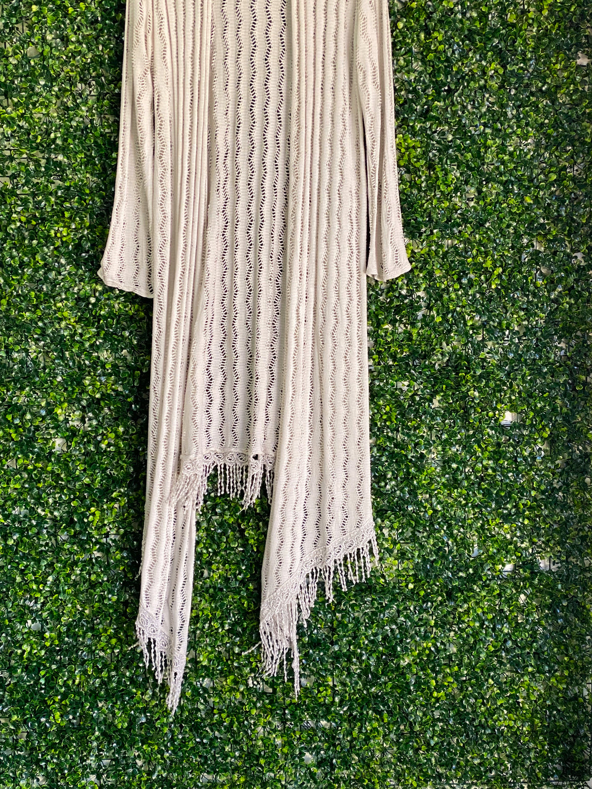Cream Open-Knit Fringe Longline Cardigan — detail