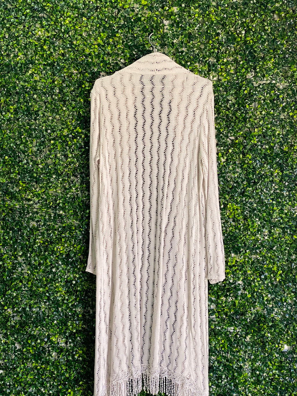 Cream Open-Knit Fringe Longline Cardigan — detail