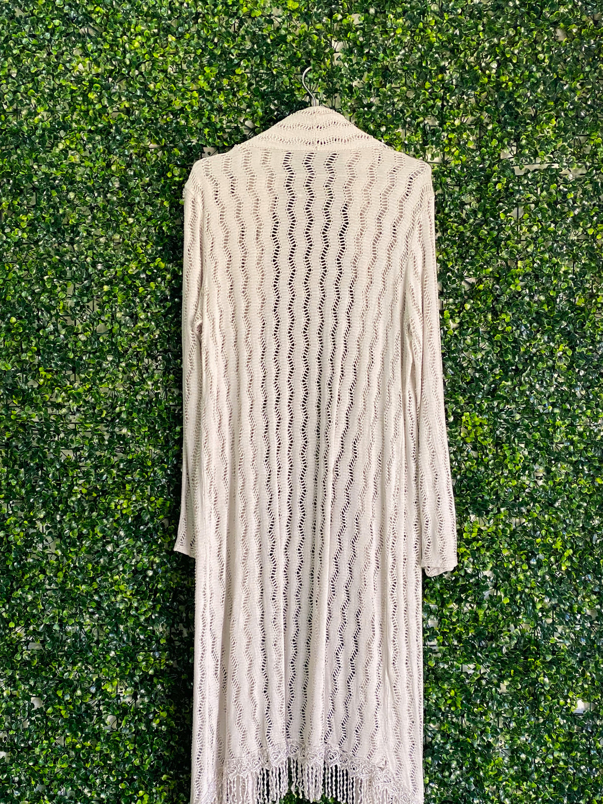 Cream Open-Knit Fringe Longline Cardigan — detail
