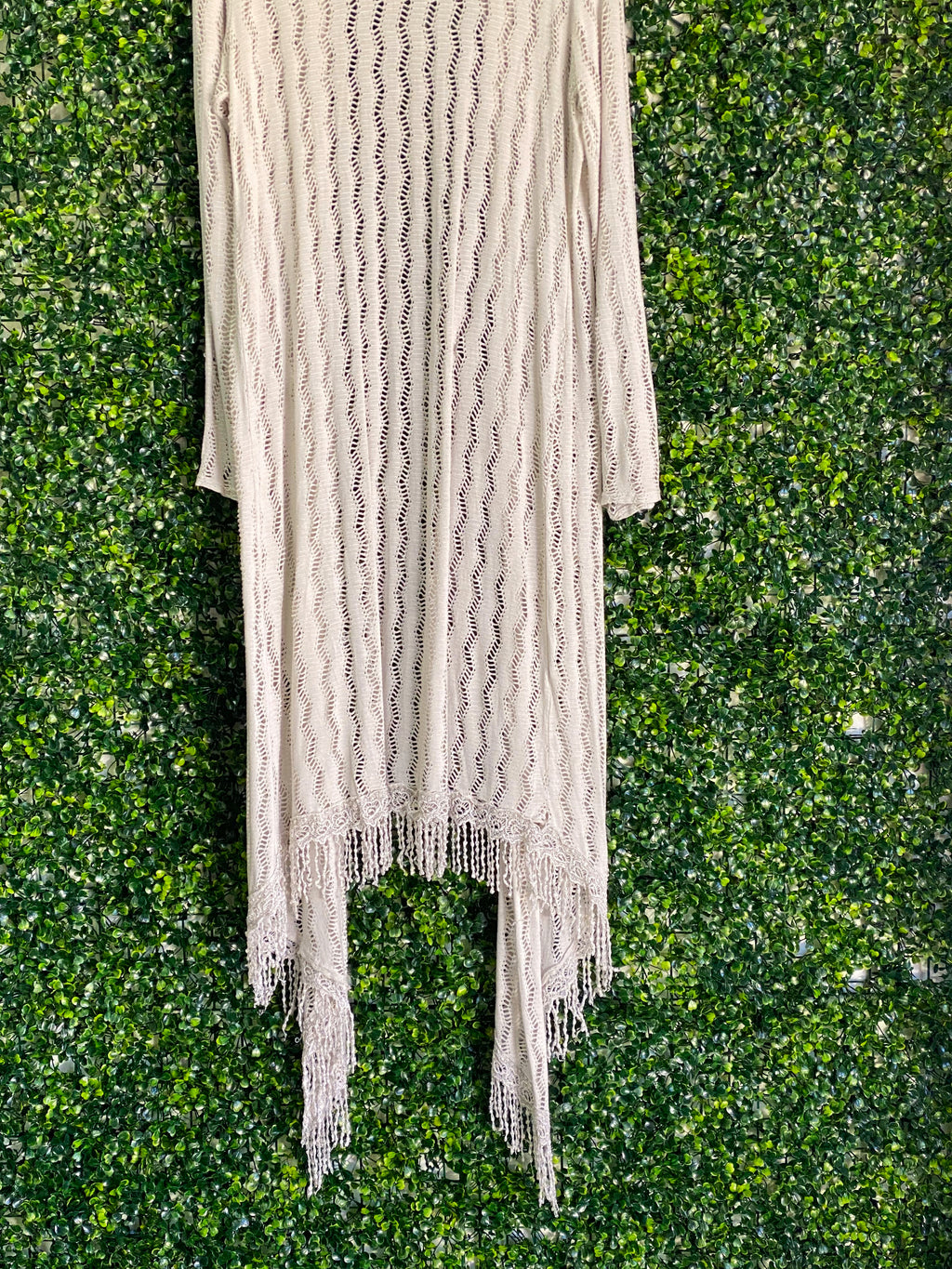 Cream Open-Knit Fringe Longline Cardigan — detail