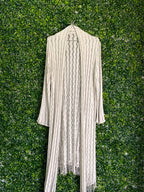 Cream Open-Knit Fringe Longline Cardigan — front