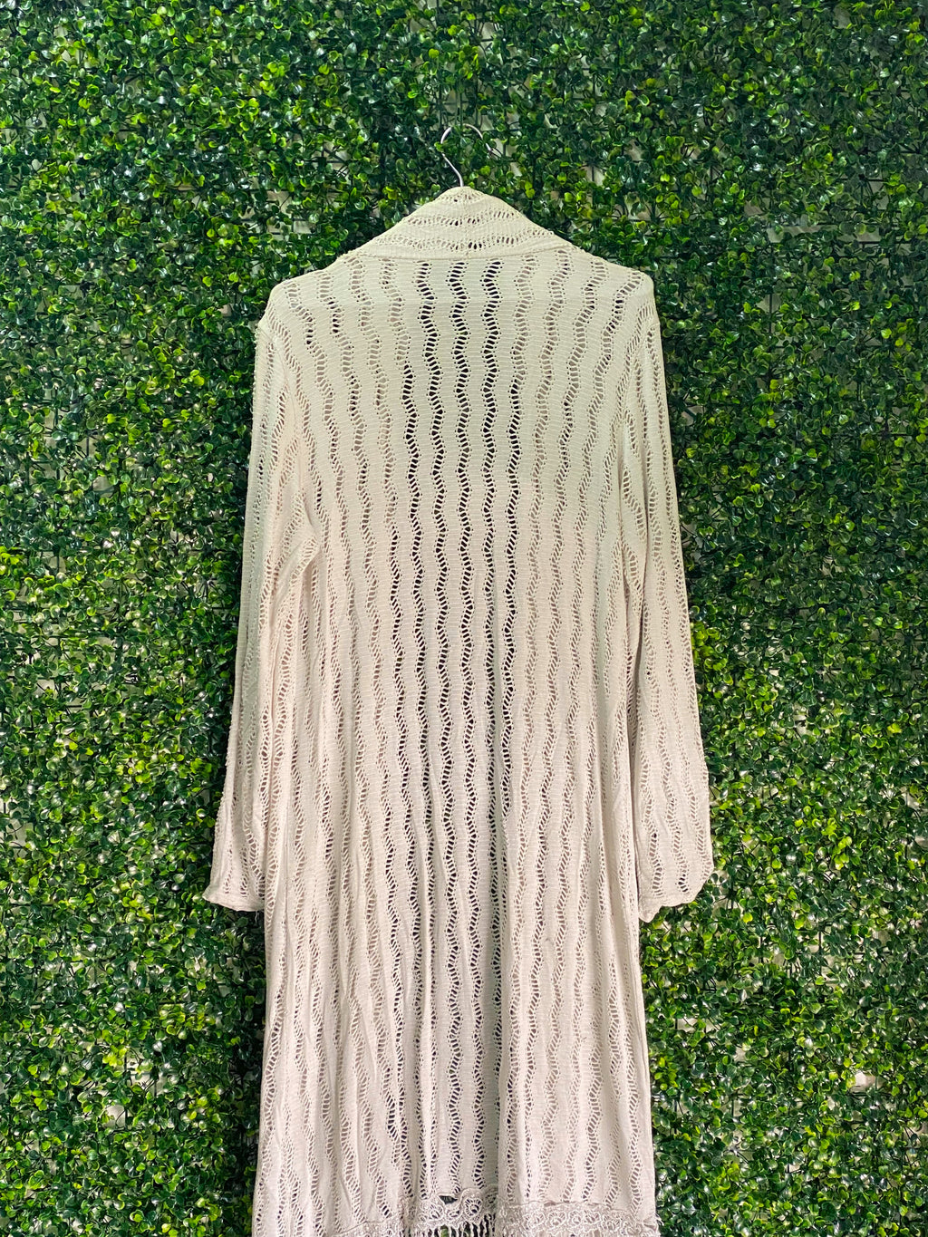 Cream Open-Knit Fringe Longline Cardigan