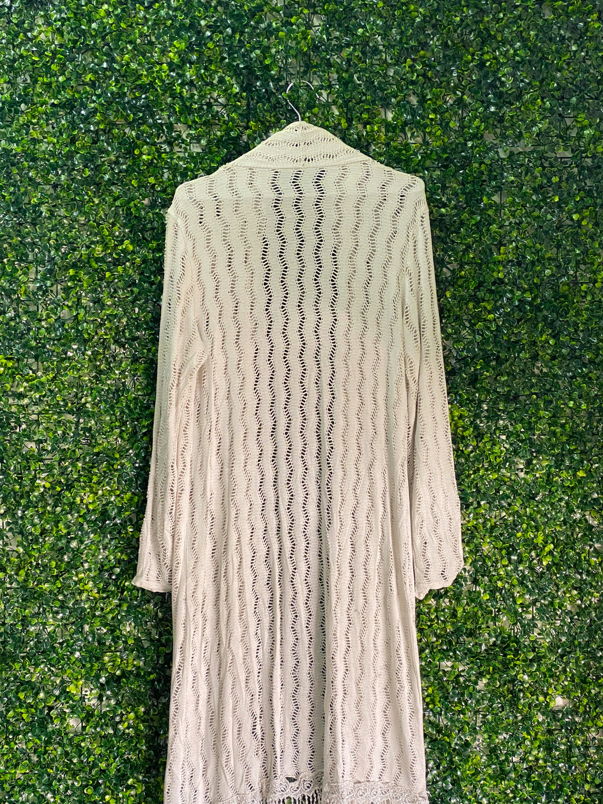 Cream Open-Knit Fringe Longline Cardigan