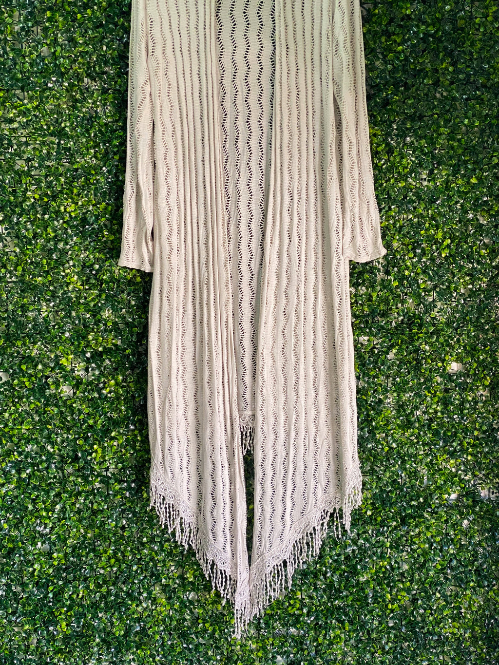 Cream Open-Knit Fringe Longline Cardigan
