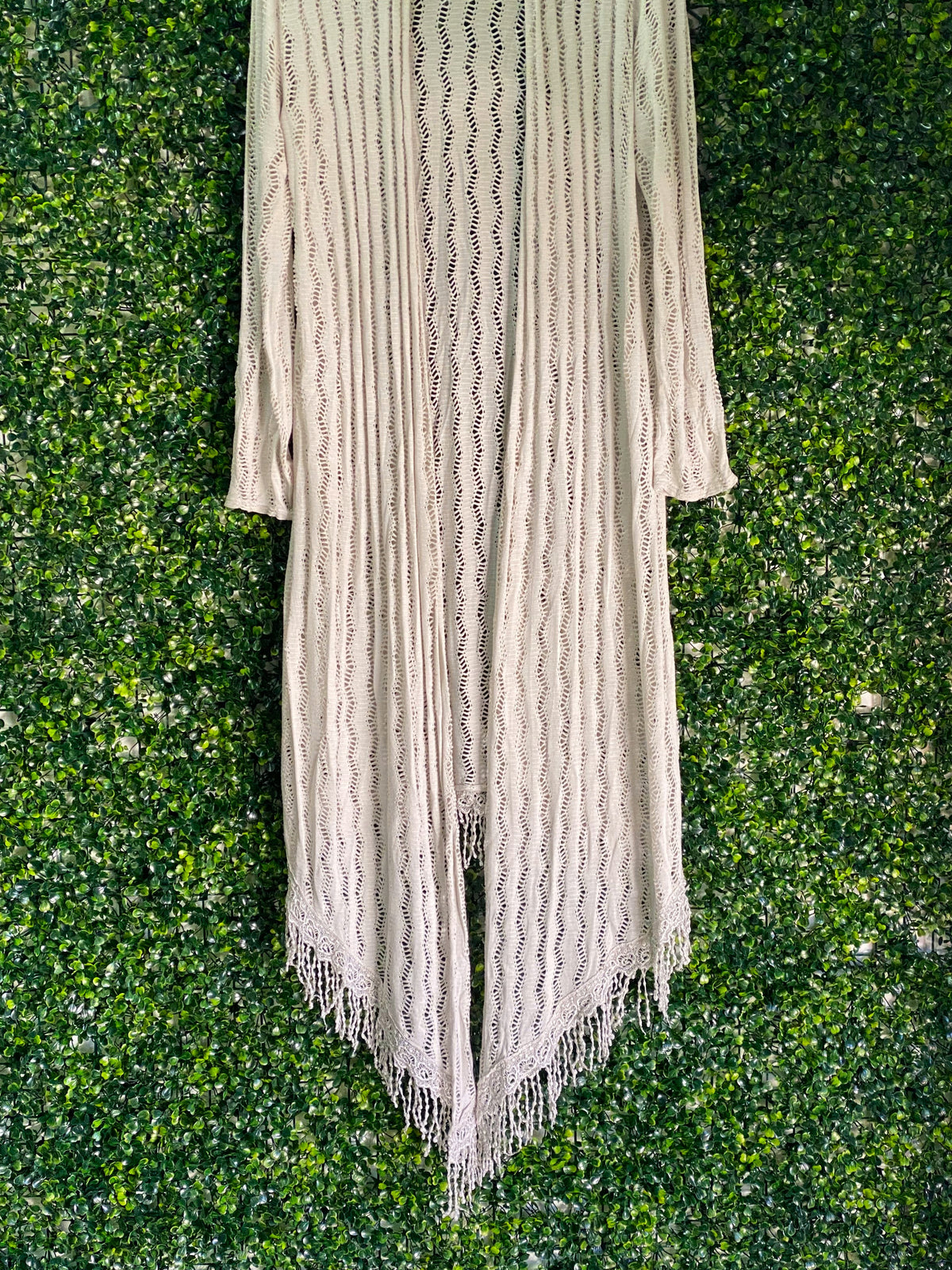 Cream Open-Knit Fringe Longline Cardigan