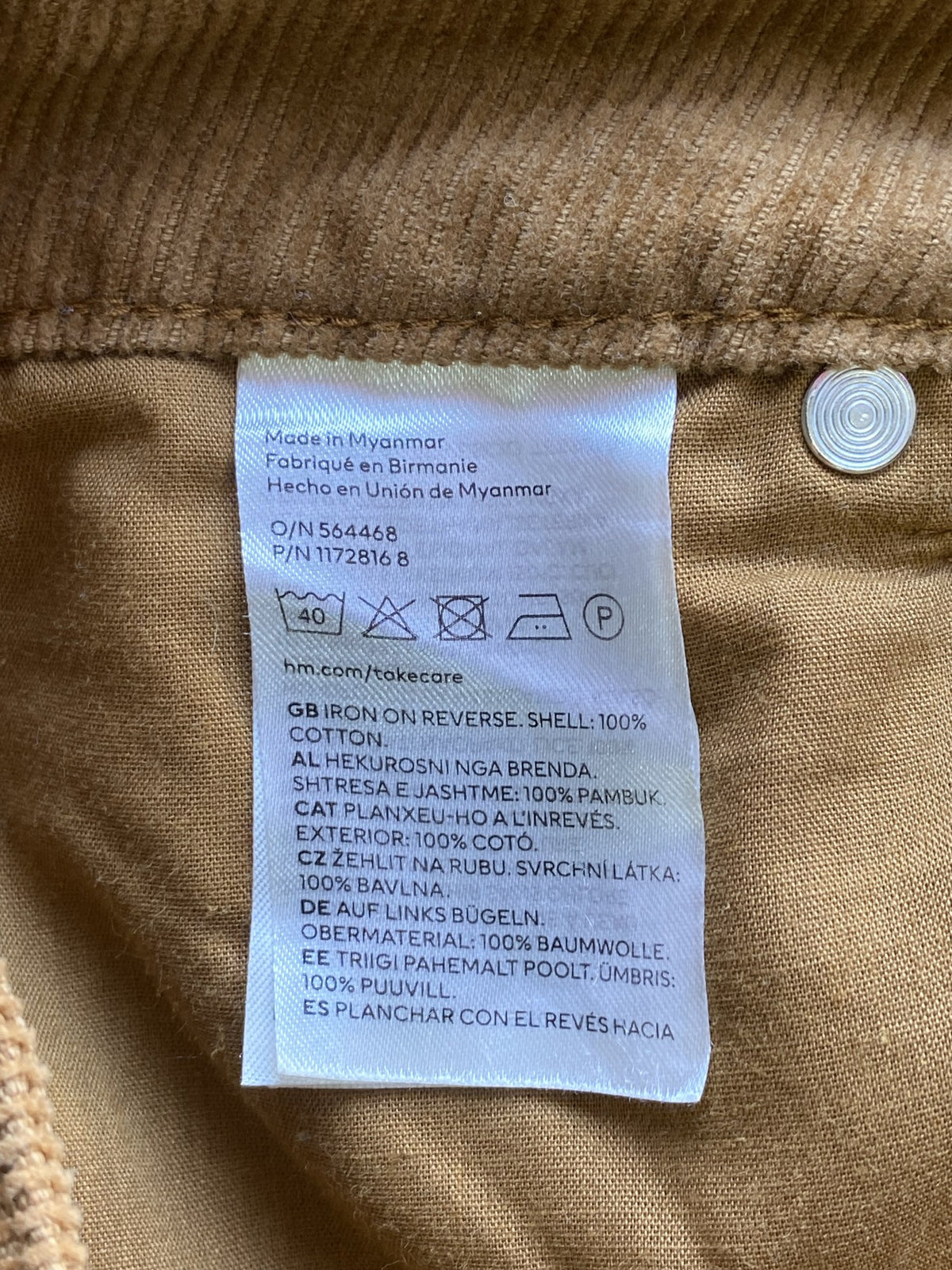 H&M Tan Corduroy Straight-Leg Pants — care