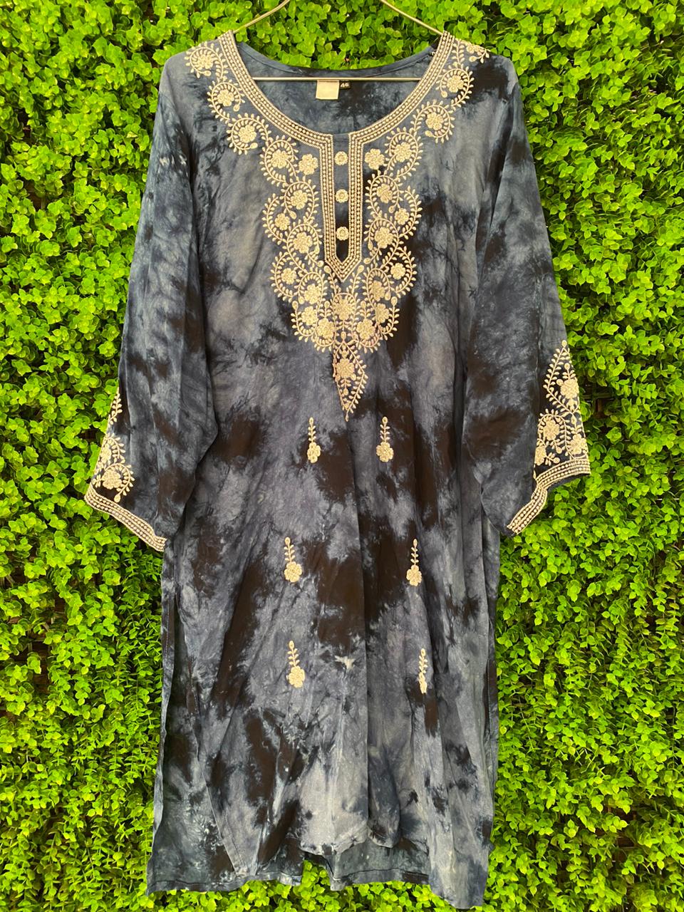 Charcoal Tie-Dye Embroidered Kaftan Dress