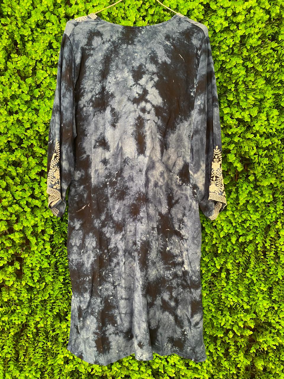Charcoal Tie-Dye Embroidered Kaftan Dress