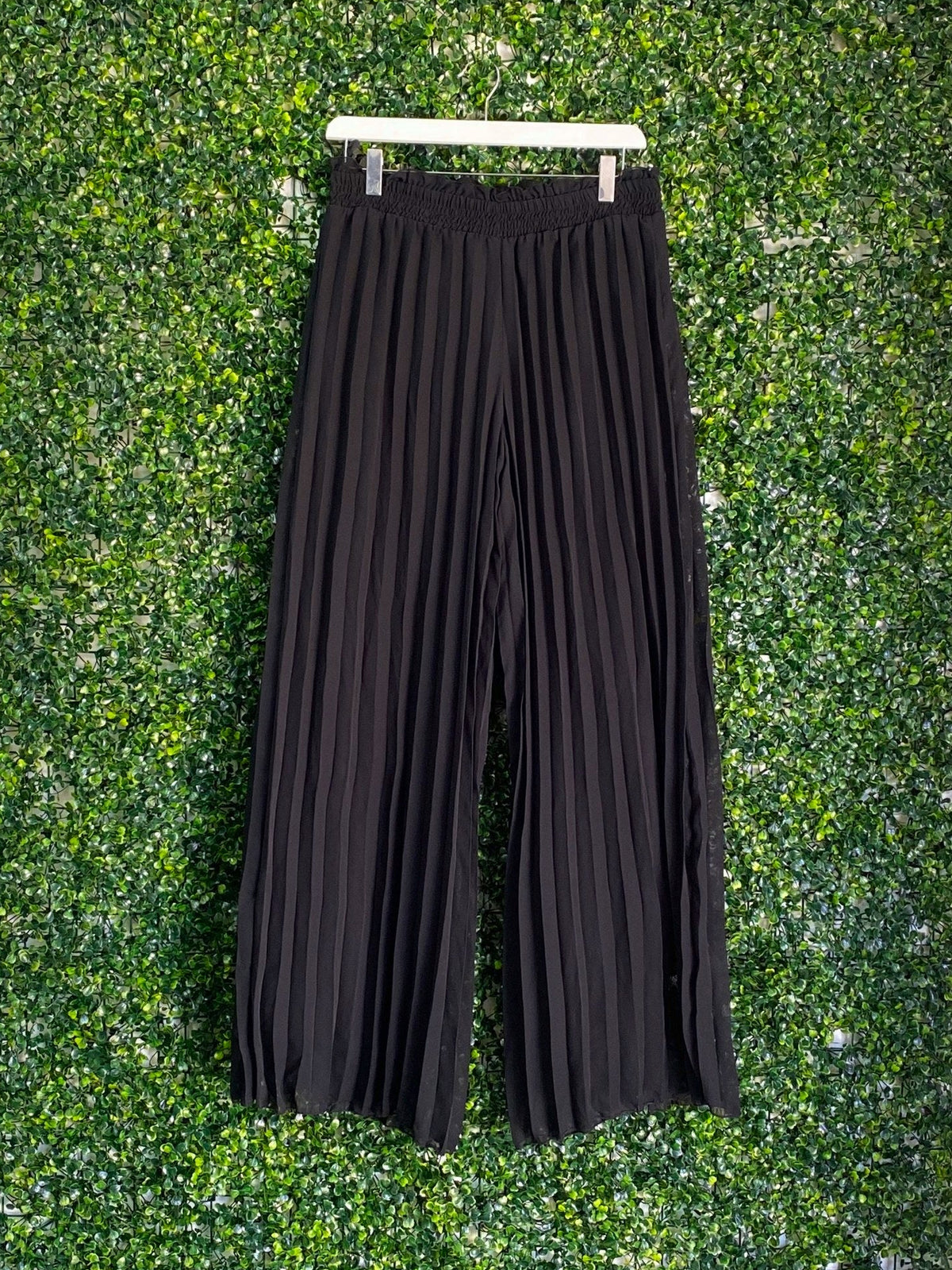 Massumi Black Chiffon Pleated Wide-Leg Pants — front