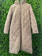 Beige Long Quilted Hooded Coat