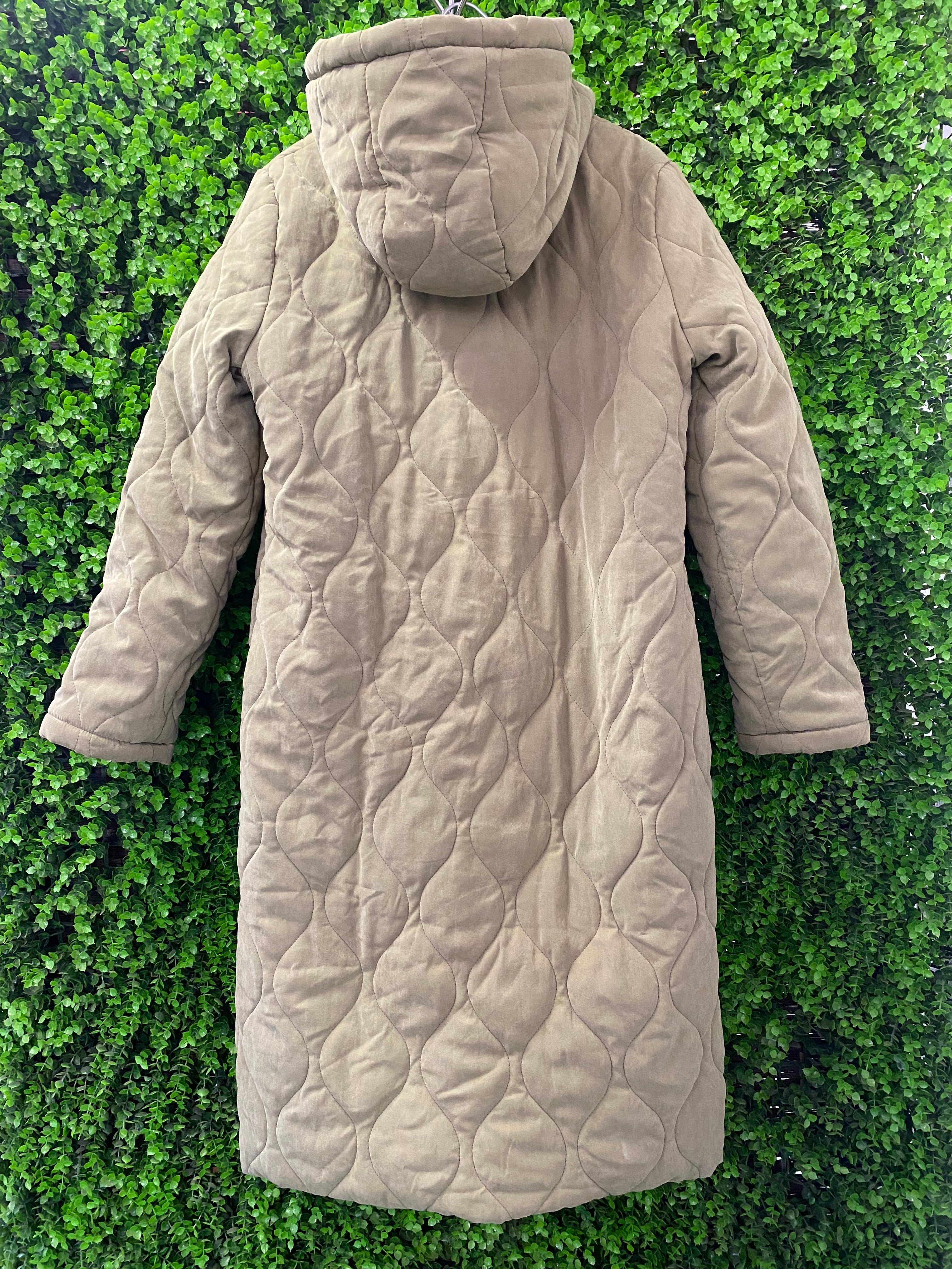 Beige Long Quilted Hooded Coat