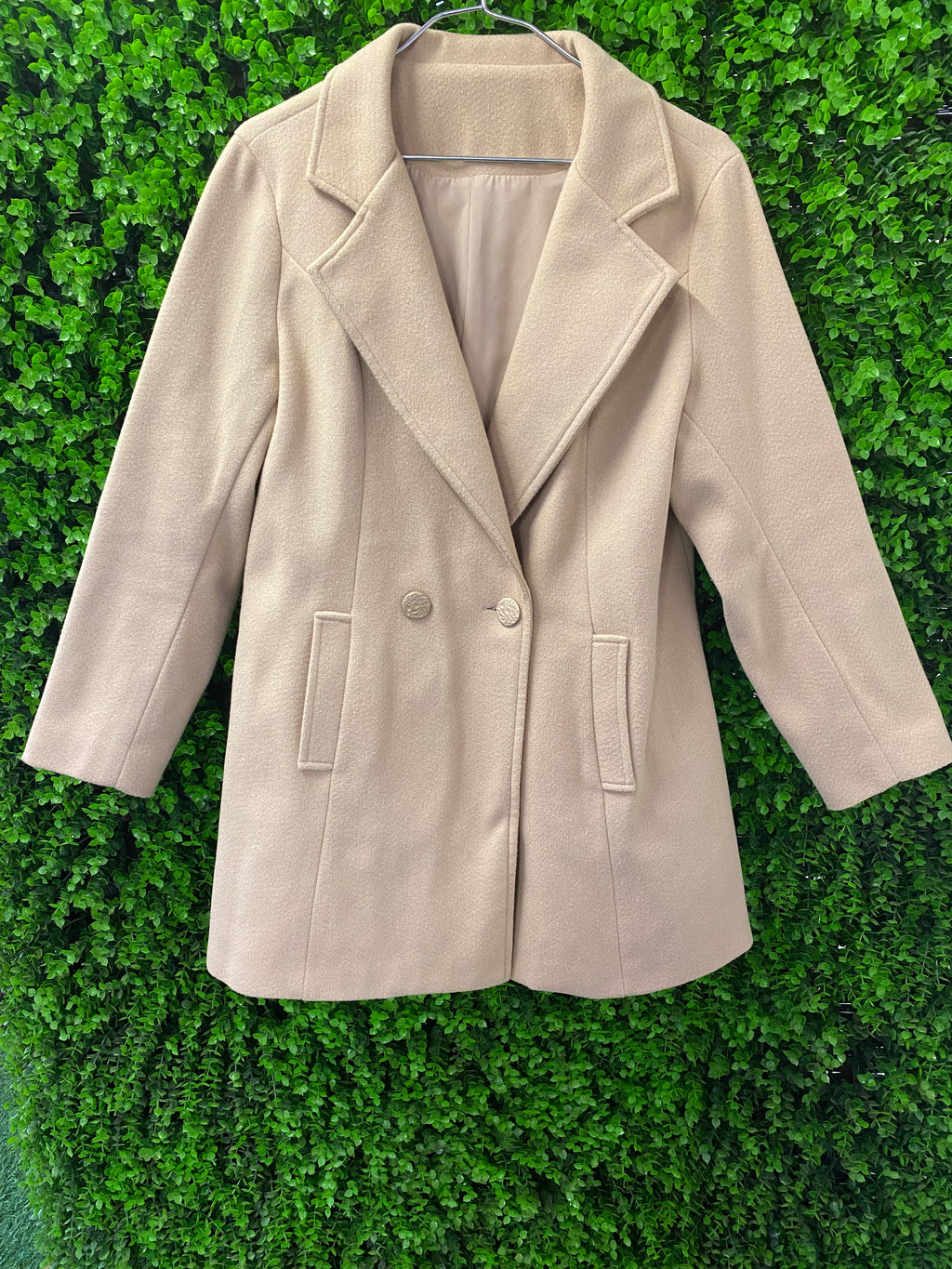 Beige Double-Breasted Wool-Blend Style Coat