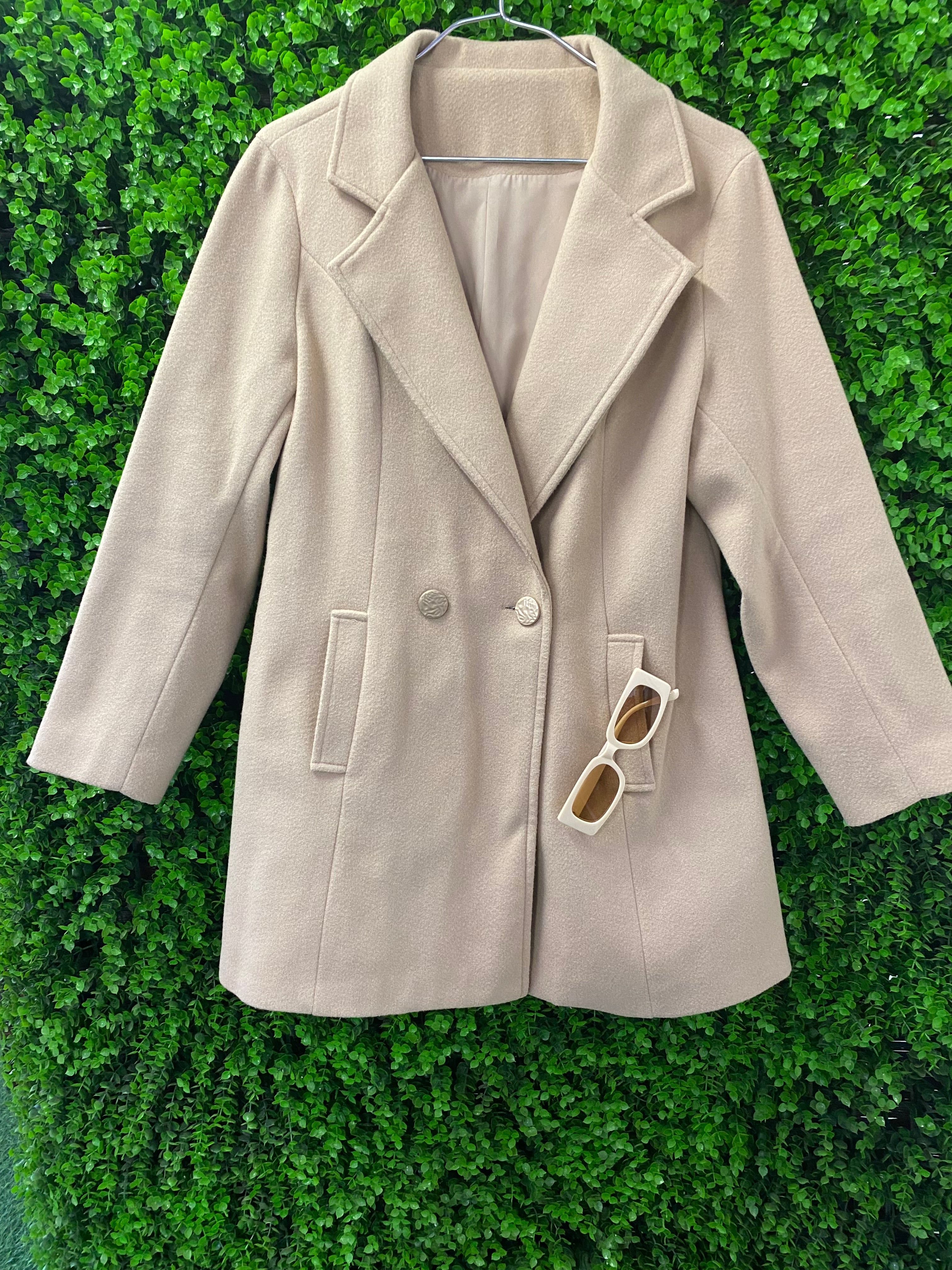 Beige Double-Breasted Wool-Blend Style Coat