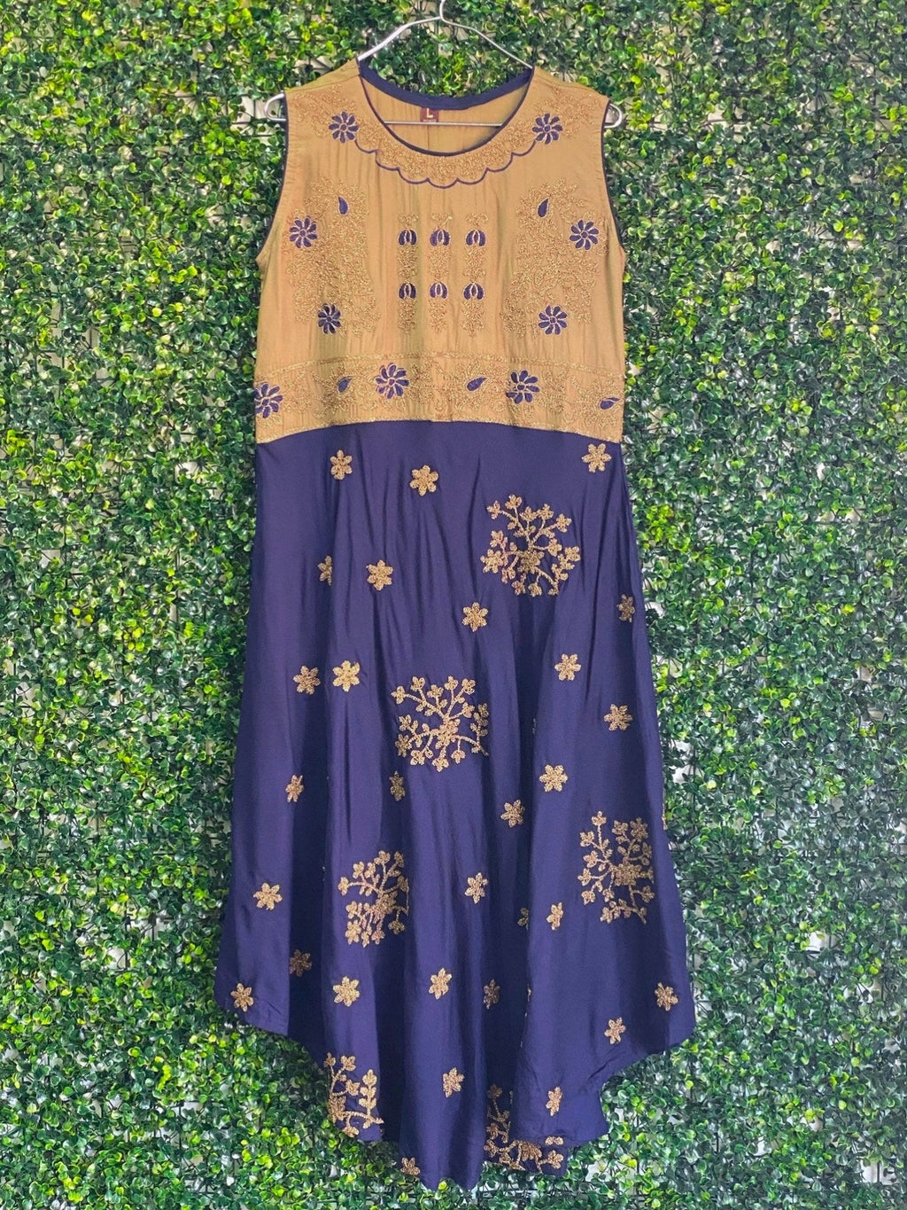 Mustard Navy Embroidered Dress — 01-front