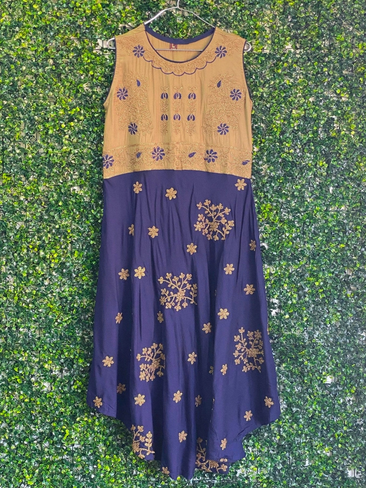 Mustard Navy Embroidered Dress — 01-front