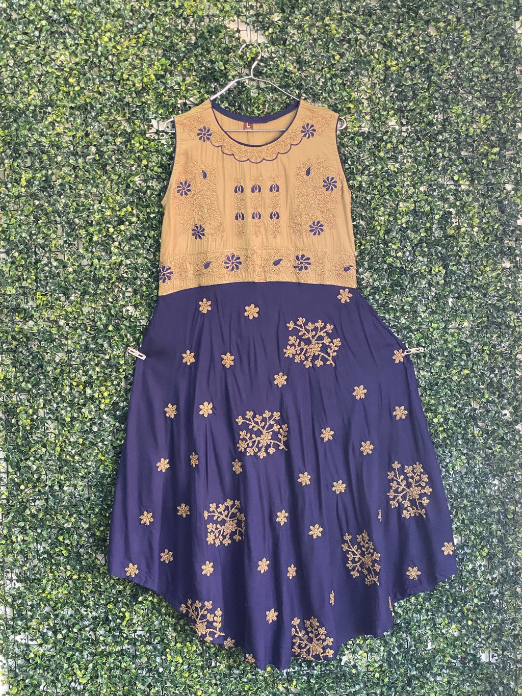 Mustard Navy Embroidered Dress — 03-front-clips