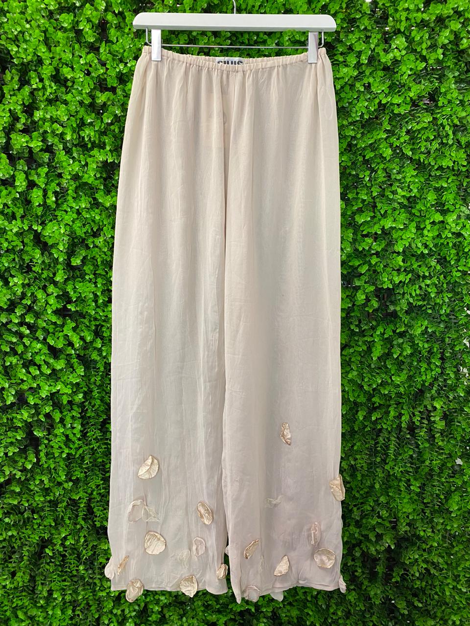 Cream Petal Detail Wide-Leg Pants
