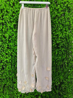 Cream Petal Detail Wide-Leg Pants