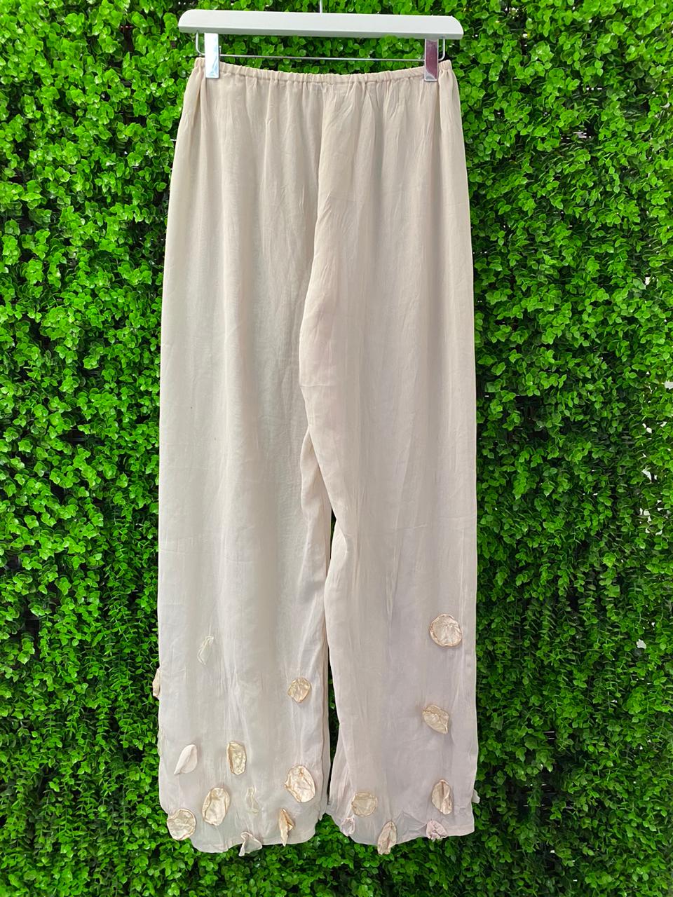 Cream Petal Detail Wide-Leg Pants