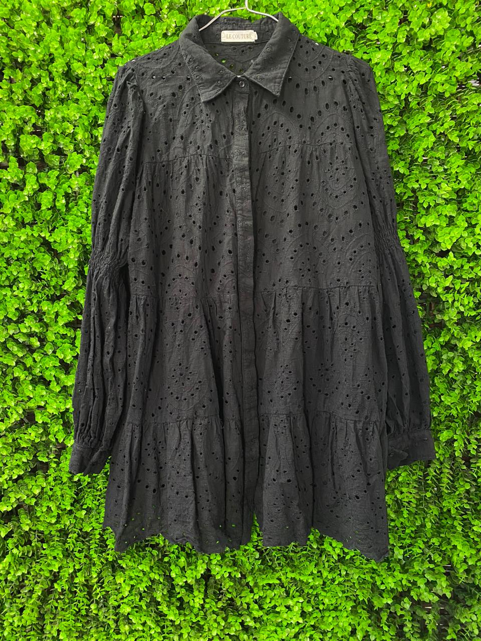 Black Broderie Tiered Shirt Dress