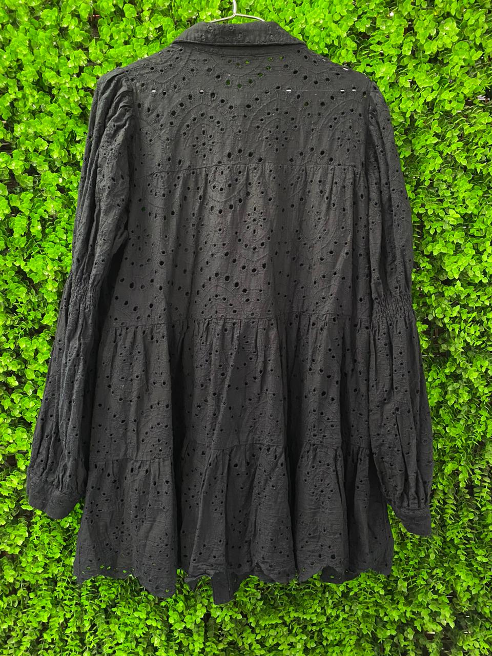 Black Broderie Tiered Shirt Dress