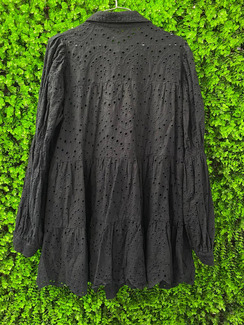 Black Broderie Tiered Shirt Dress