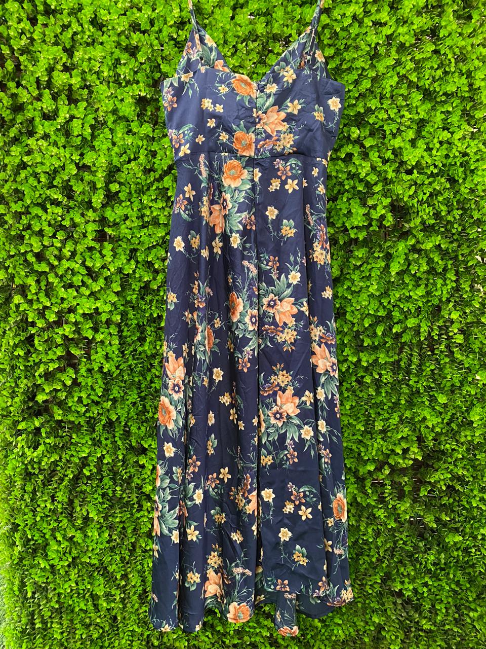 Navy Floral Strappy Midi Dress
