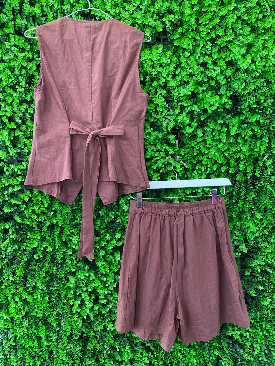 Brown Linen-Look Two-Piece Vest & Shorts Set