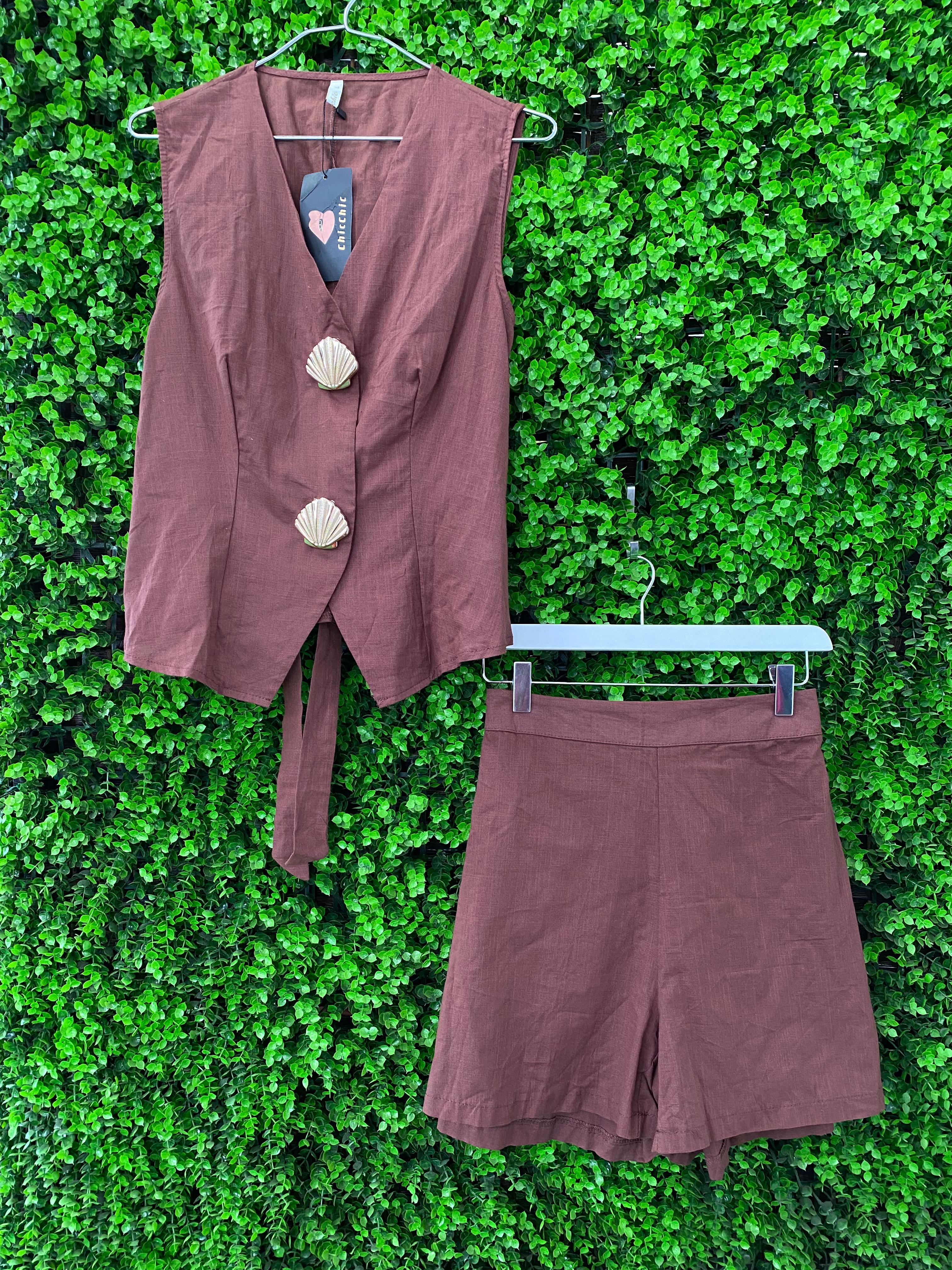 Brown Linen-Look Two-Piece Vest & Shorts Set
